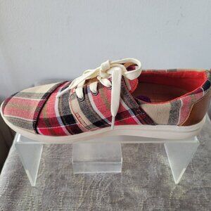 NEW Tom’s Women’s Del Ray Tartan Plaid Sneaker - Red & Brown (Size 6½)
